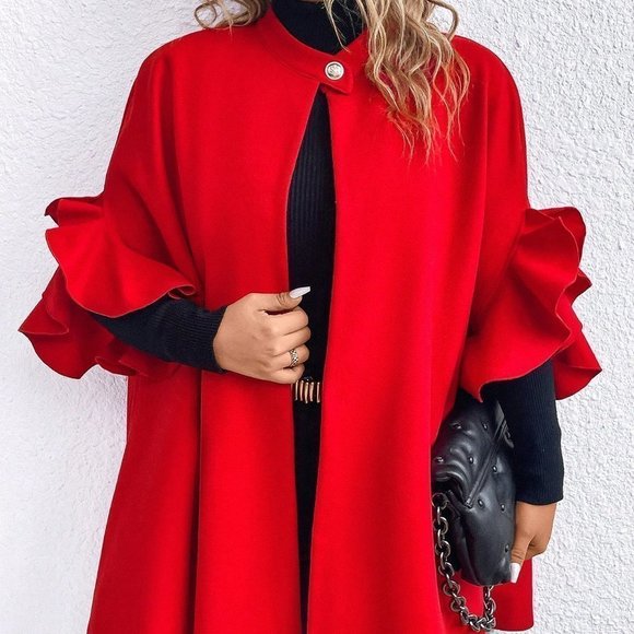 Plus Ruffle Trim Batwing Sleeve Overcoat Red - Picture 2 of 6